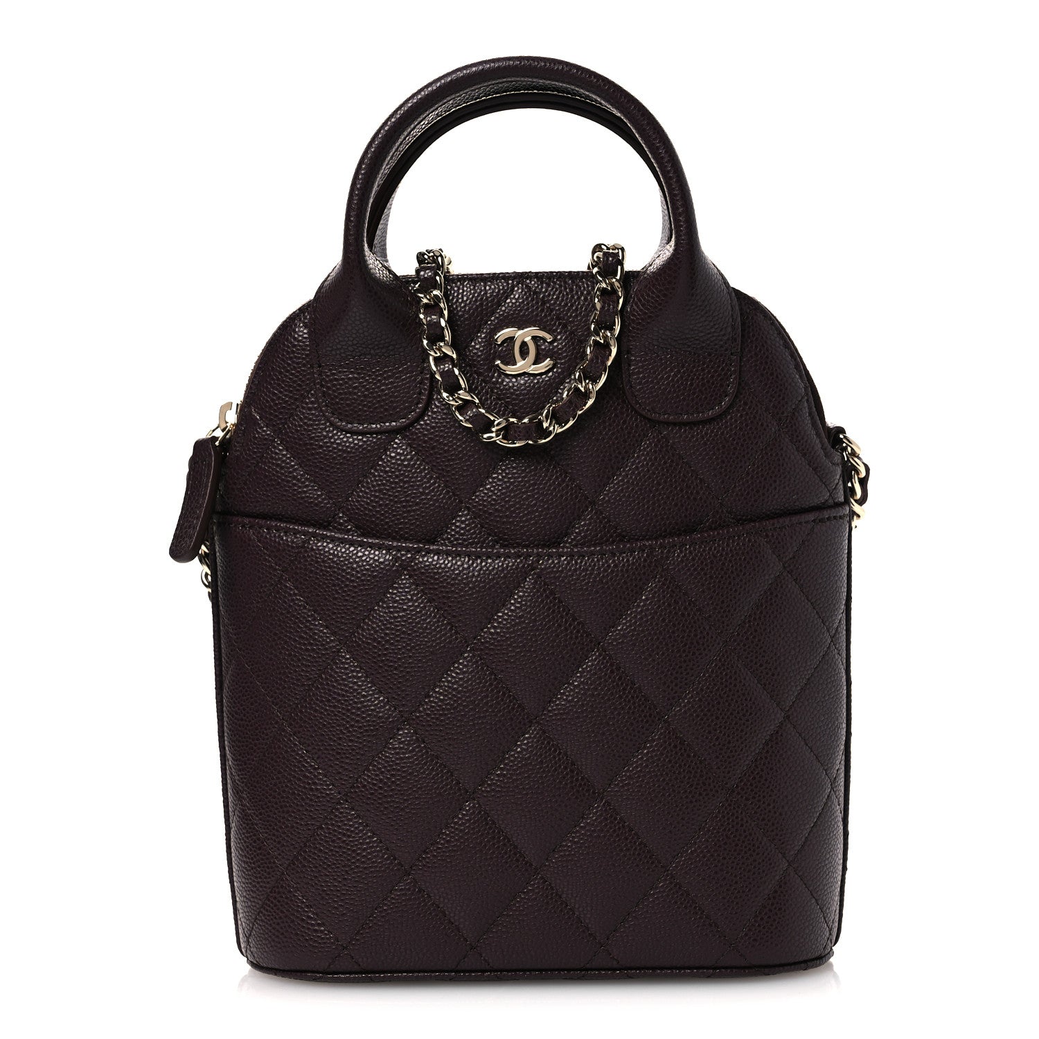 Caviar Quilted Top Handle Clutch With Chain Dark Brown