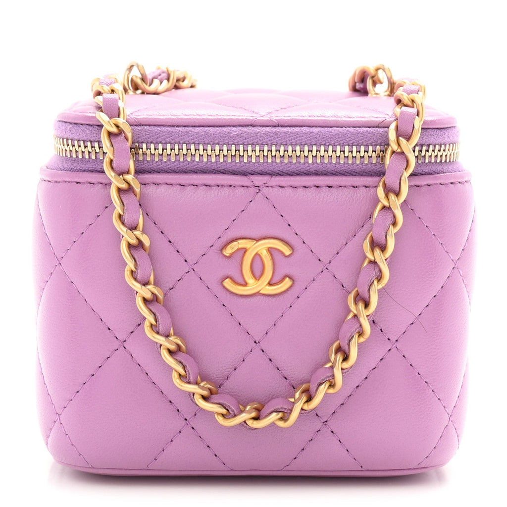 Lambskin Quilted Pearl Crush Mini Vanity Case With Chain Purple