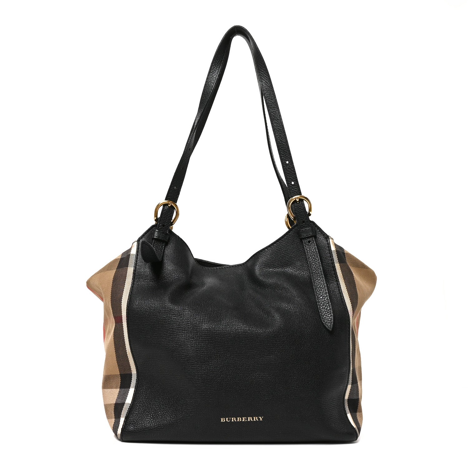 Grainy Calfskin House Check Small Canterbury Tote Black