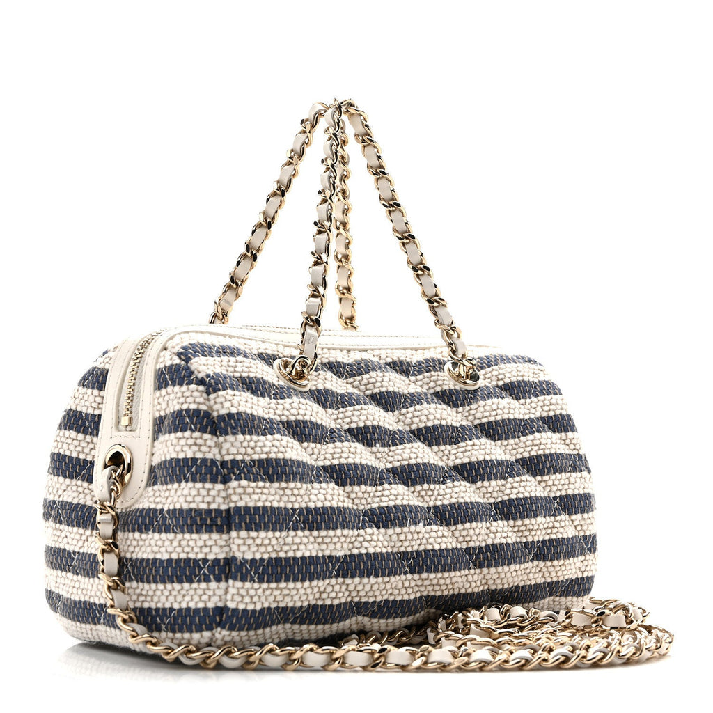 Printed Fabric Clutch With Chain Light Beige Dark Blue
