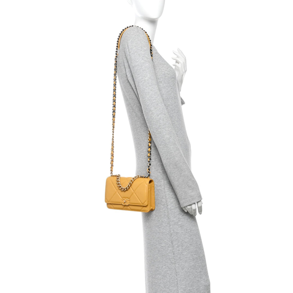 Lambskin Quilted Chanel 19 Wallet On Chain WOC Yellow