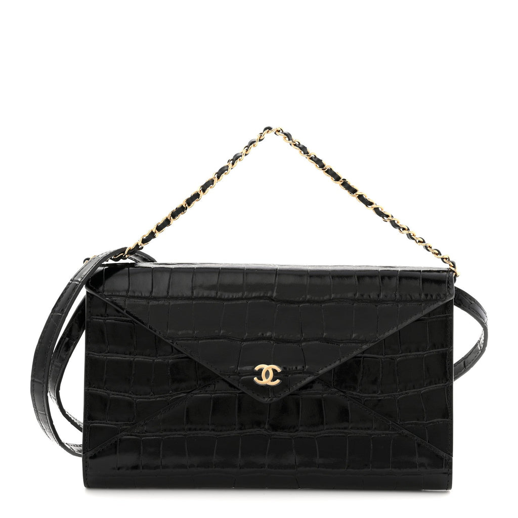 Calfskin Crocodile Embossed Clutch With Chain Black
