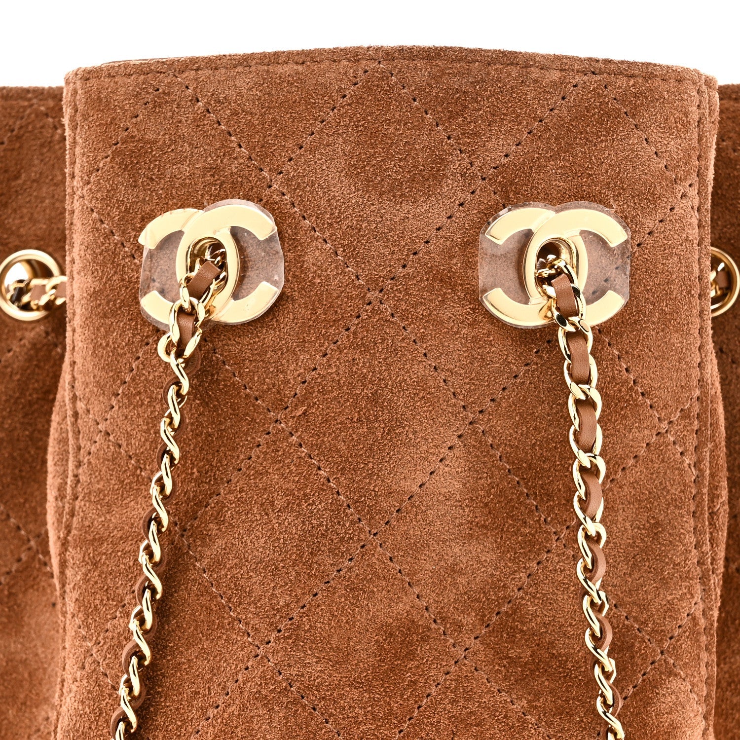 Suede Quilted Bucket Bag With Chain Camel