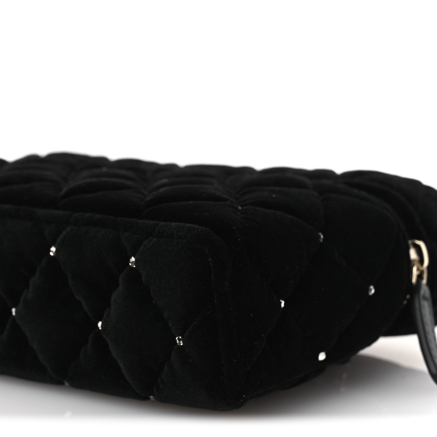 Velvet Diamanté Quilted Top Handle Slim Vanity Case With Chain Black