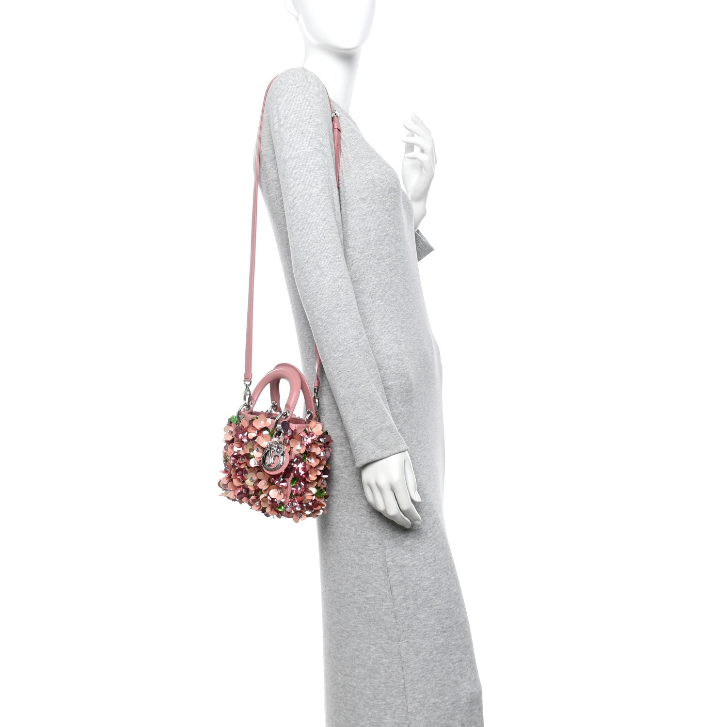 Calfskin Flower Charm Embellished Mini Lady Dior Pink