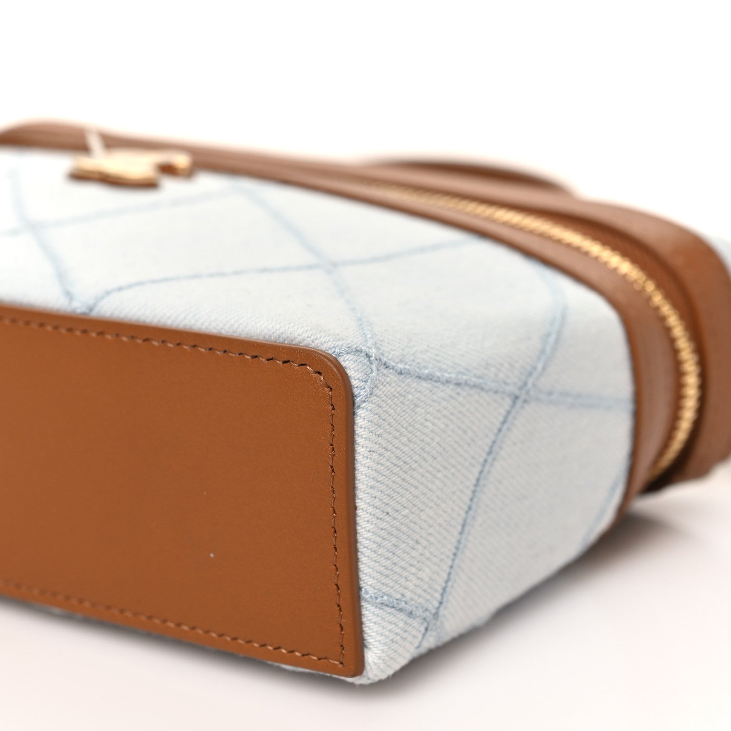 Washed Denim Calfskin Quilted Top Handle Slim Vanity Case With Chain Blue Brown