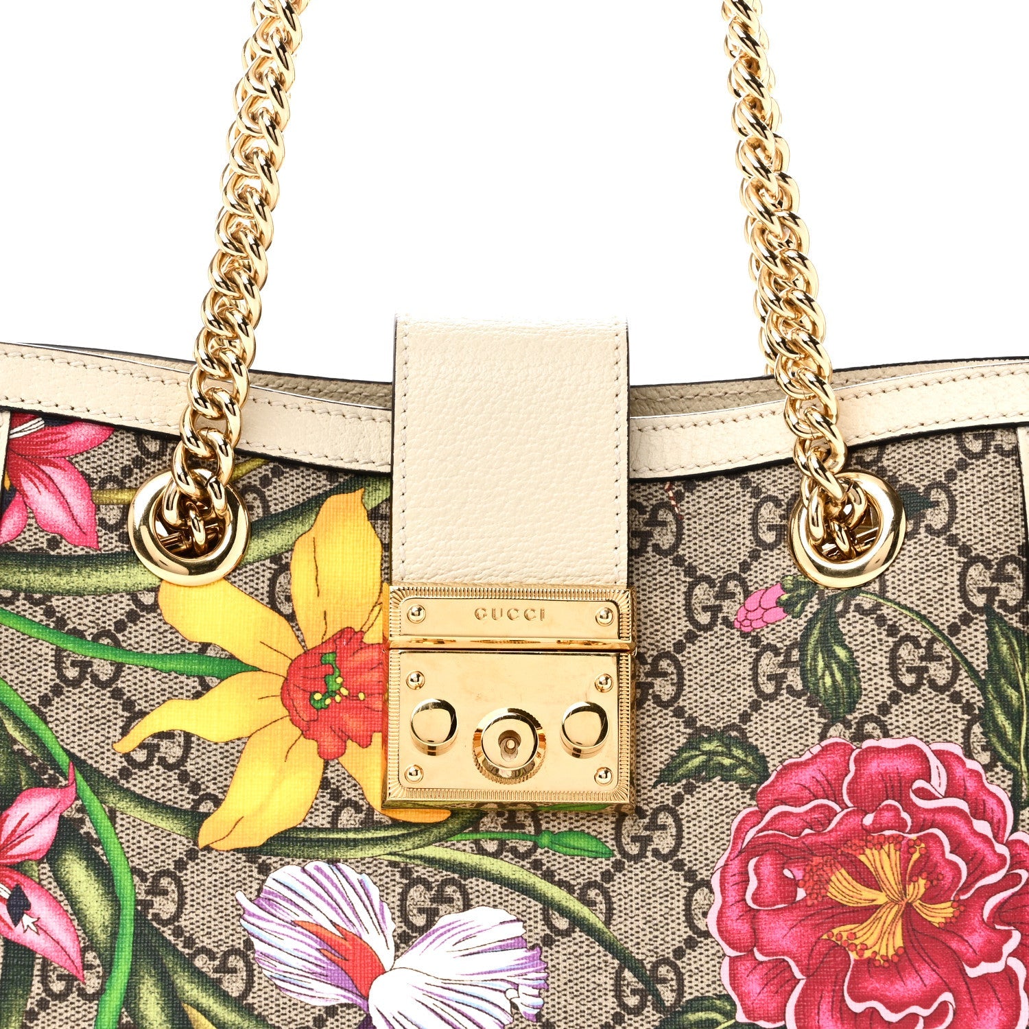 GG Supreme Monogram Flora Textured Calfskin Small Padlock Tote Beige Ebony Multicolor Mystic White