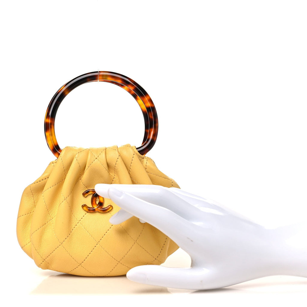Lambskin Plexiglass Tortoise Shell Quilted Mini Pouch Yellow