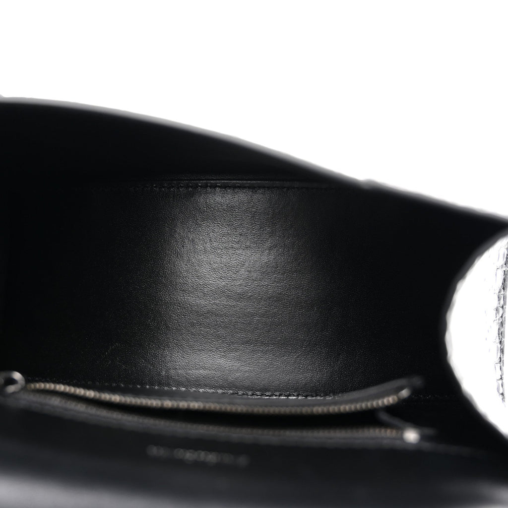 Shiny Calfskin Monochrome Crocodile Embossed Small Hourglass Top Handle Bag Black