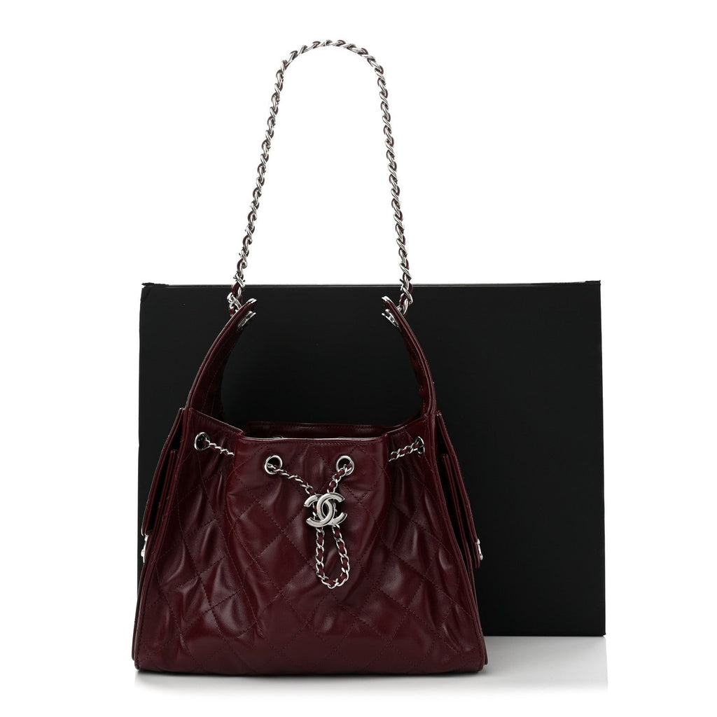 Shiny Calfskin Quilted Small Chanel 25 Handbag Burgundy