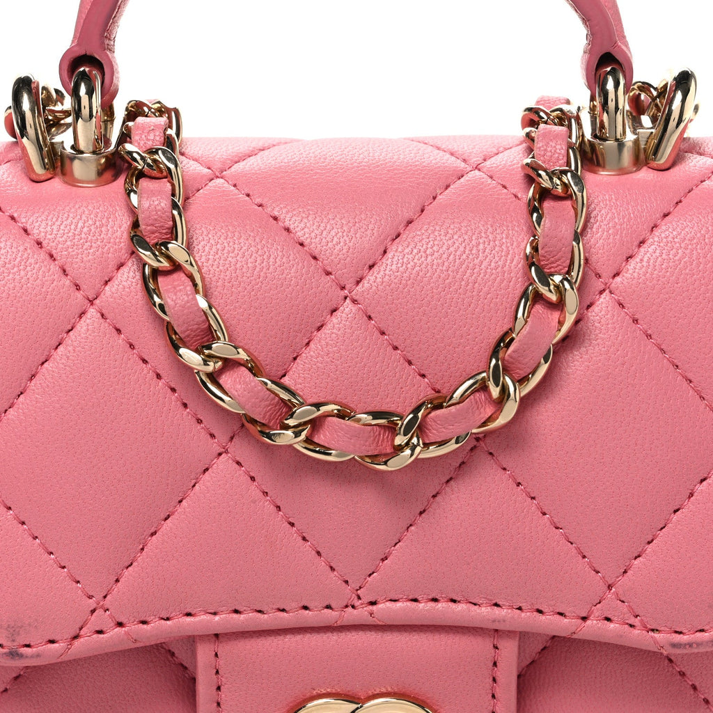 Lambskin Quilted Top Handle Clutch With Chain Pink