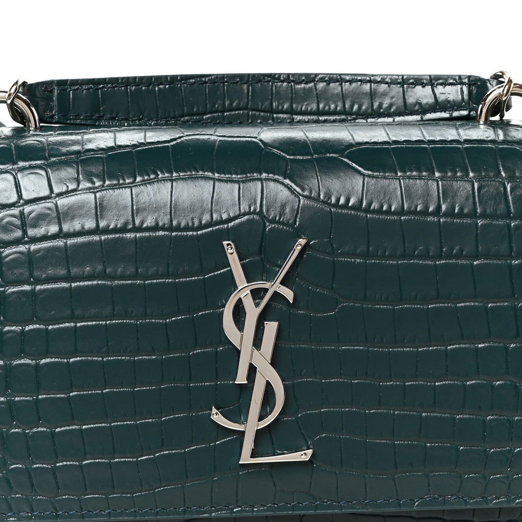 Calfskin Crocodile Embossed Monogram Sunset Chain Wallet Dark Turquoise