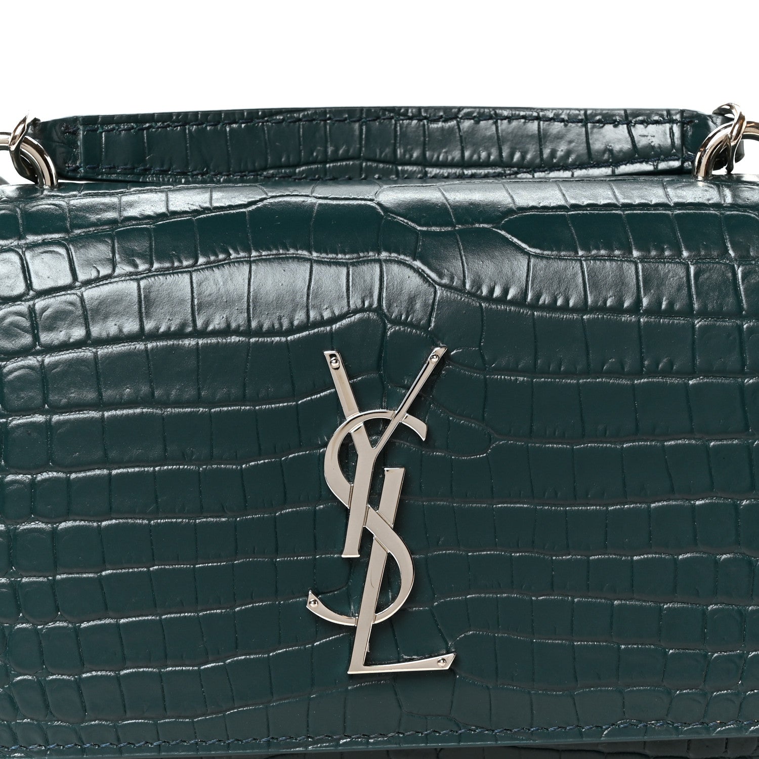 Calfskin Crocodile Embossed Monogram Sunset Chain Wallet Dark Turquoise