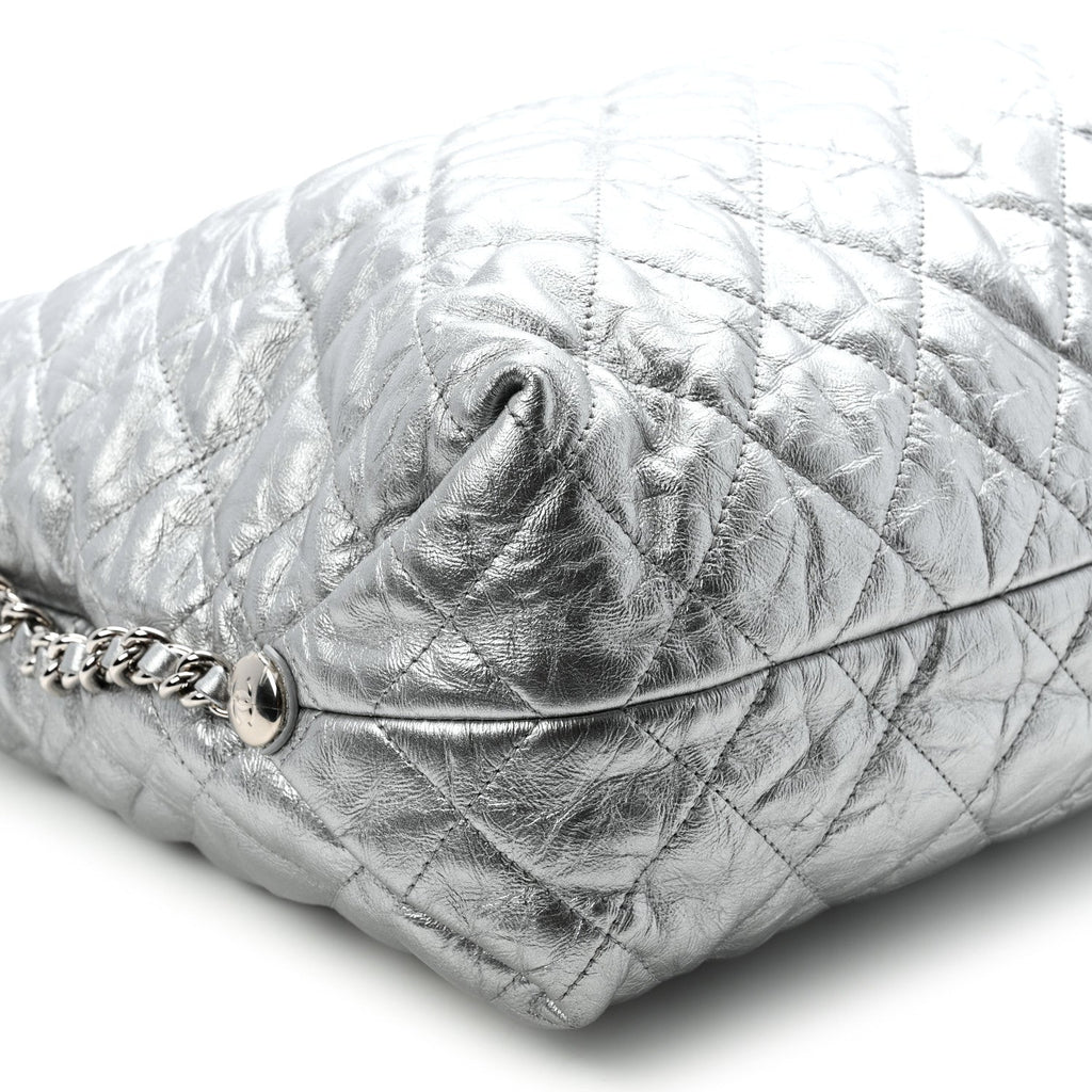 Metallic Crackled Calfskin Quilted Large Big Bang Hobo Silver