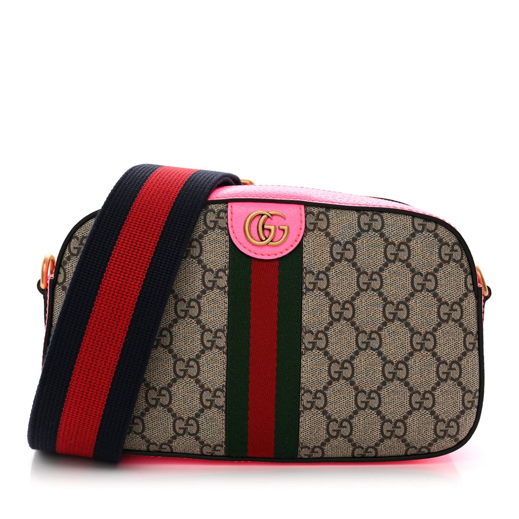 GG Supreme Monogram Textured Dollar Calfskin Web Ophidia Small Crossbody Bag Beige Ebony Fuchsia