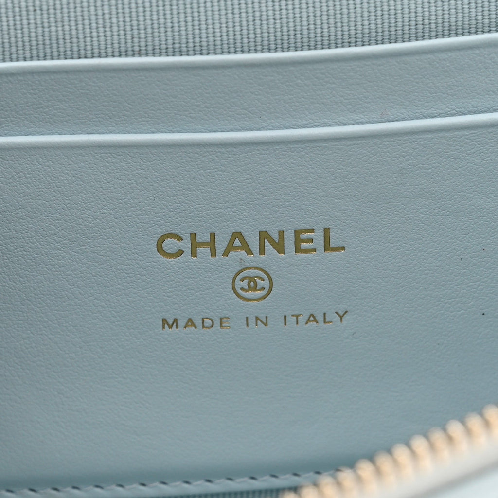 Caviar Quilted Top Handle Slim Vanity With Chain Light Blue