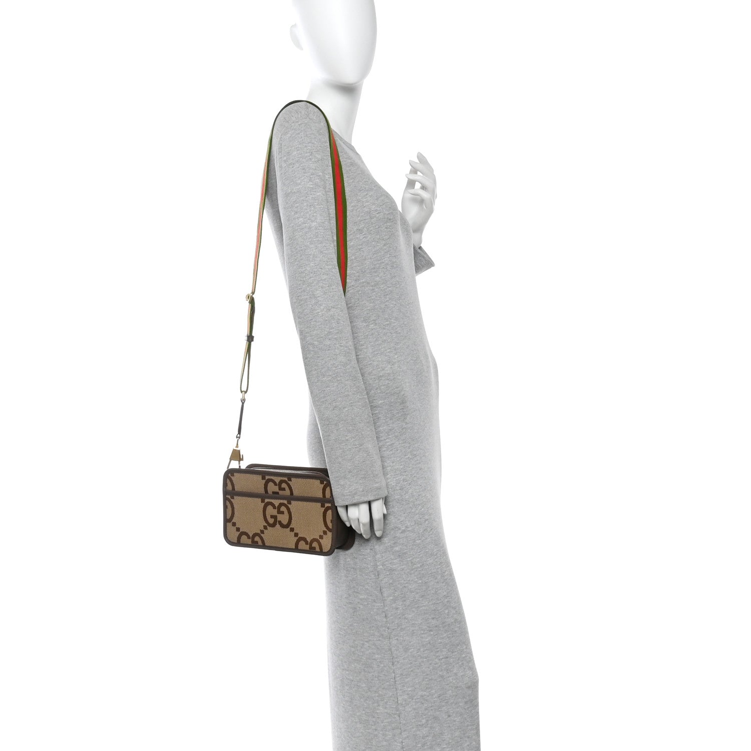 Monogram Jumbo GG Textured Dollar Calfskin Web Mini Crossbody Bag Camel Ebony New Acero