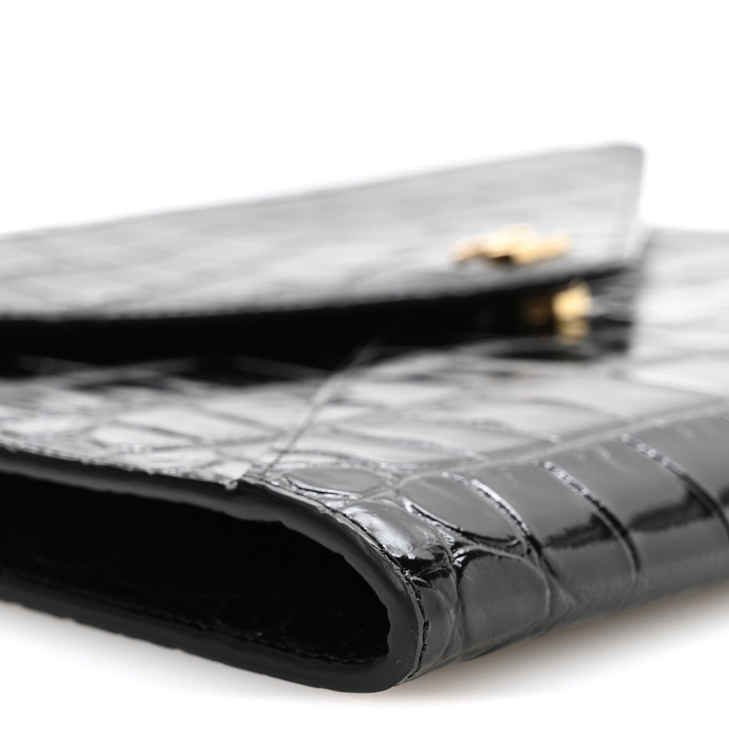 Calfskin Crocodile Embossed Croc Illusion Clutch With Chain Black