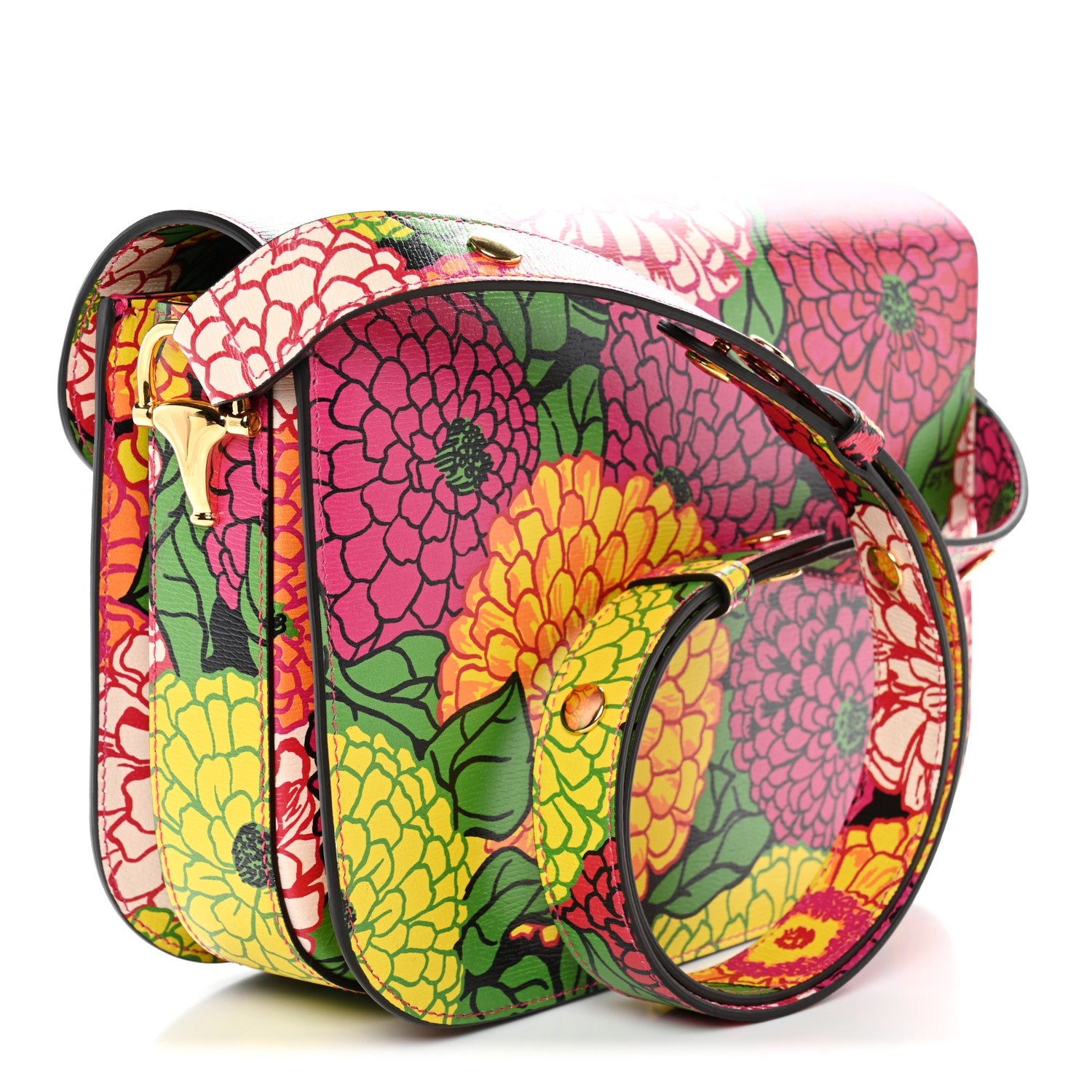 X KEN SCOTT New Shangai Calfskin Pomponica Print Horsebit 1955 Shoulder Bag Multicolor Fuxia Pompon