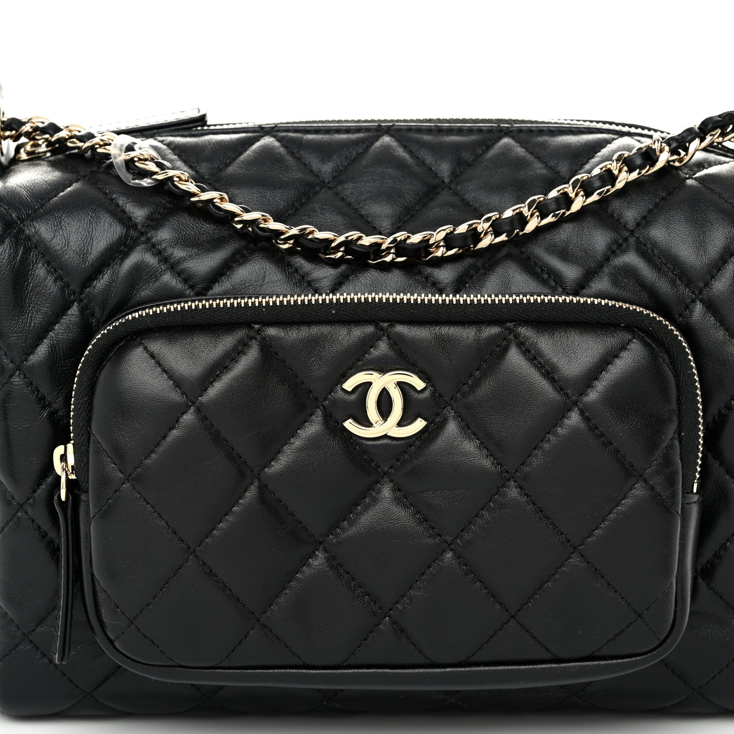 Shiny Crumpled Lambskin Quilted Medium Preppy Pocket Camera Case Black