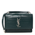 Calfskin Crocodile Embossed Monogram Sunset Chain Wallet Dark Turquoise