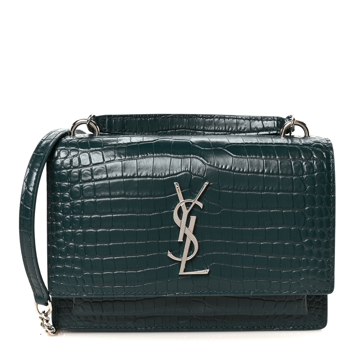 Calfskin Crocodile Embossed Monogram Sunset Chain Wallet Dark Turquoise