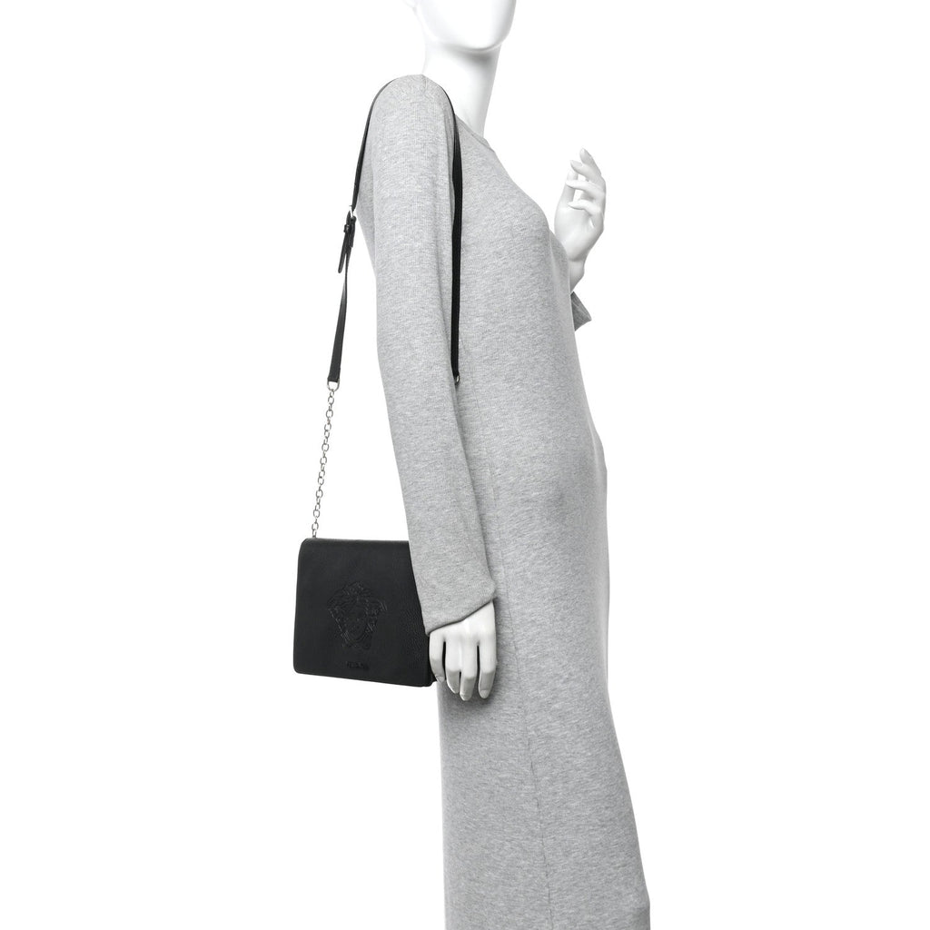 Grained Calfskin Embossed Medusa Flap Bag Black