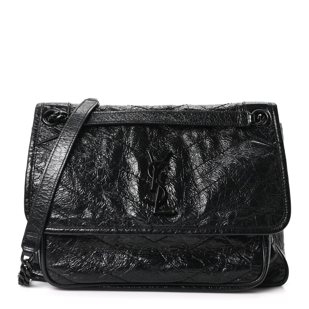 Crinkled Calfskin Matelasse Monogram Medium Niki Chain Satchel Black