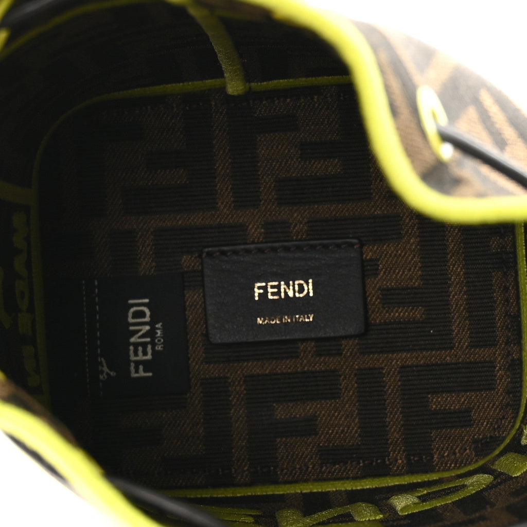 Fabric Jacquard Shiny Nappa FF 1974 Logo Threaded Edge Mini Mon Tresor Bucket Bag Tobacco Moro Giallo Fluo