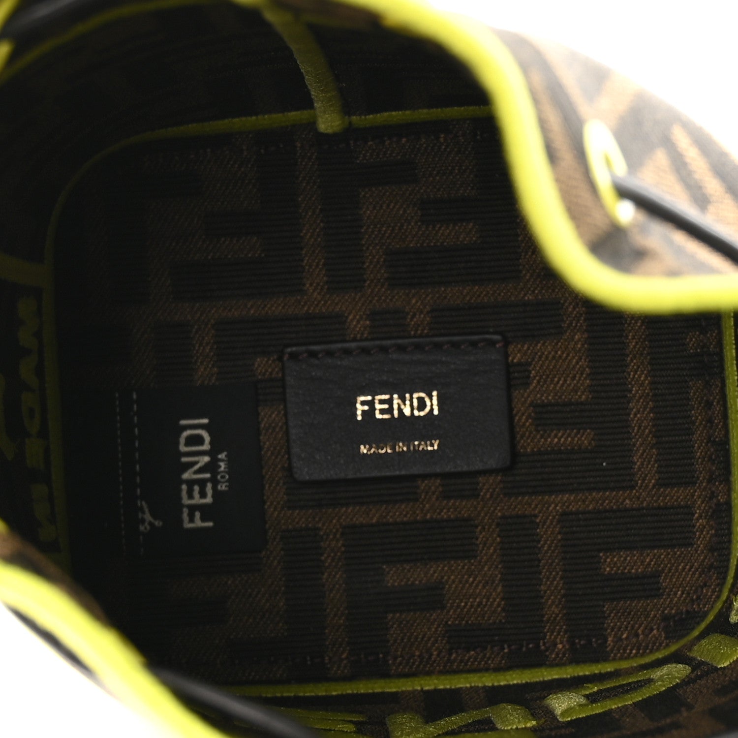 Fabric Jacquard Shiny Nappa FF 1974 Logo Threaded Edge Mini Mon Tresor Bucket Bag Tobacco Moro Giallo Fluo