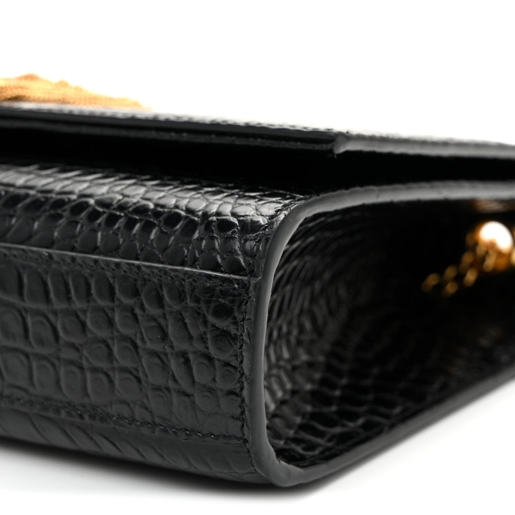 Calfskin Crocodile Embossed Medium Classic Monogram Kate Tassel Satchel Black Black