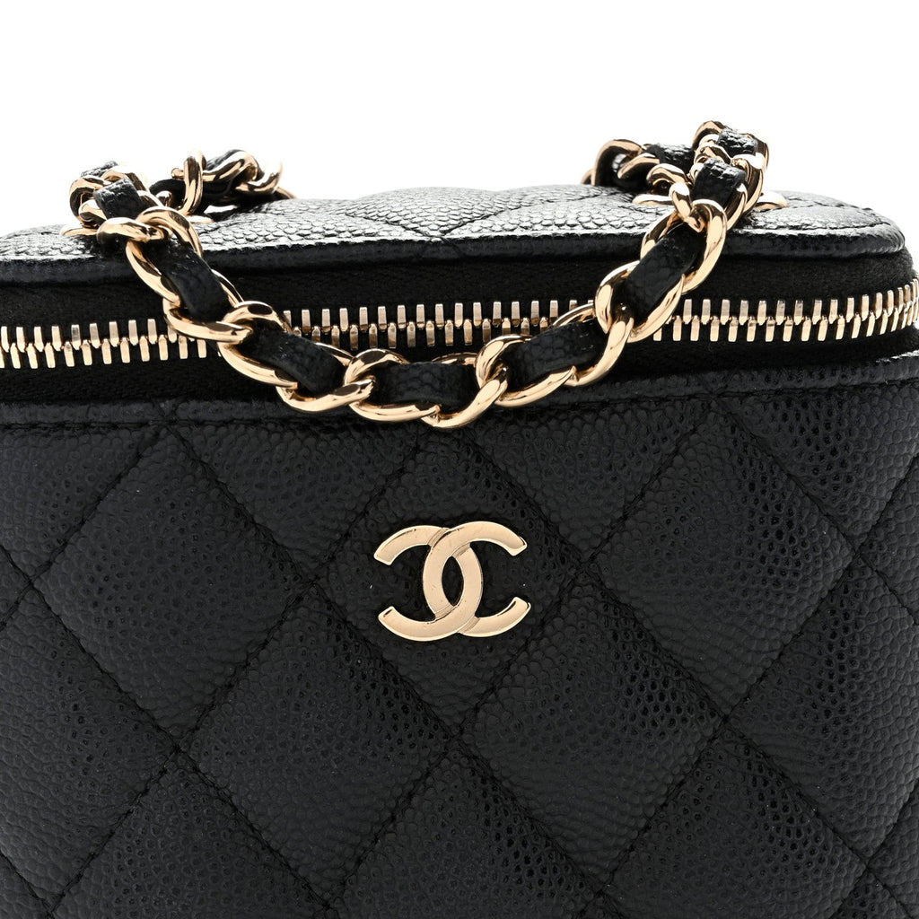 Caviar Quilted Small Vertical Coco Beauty Vanity Case With Chain Black