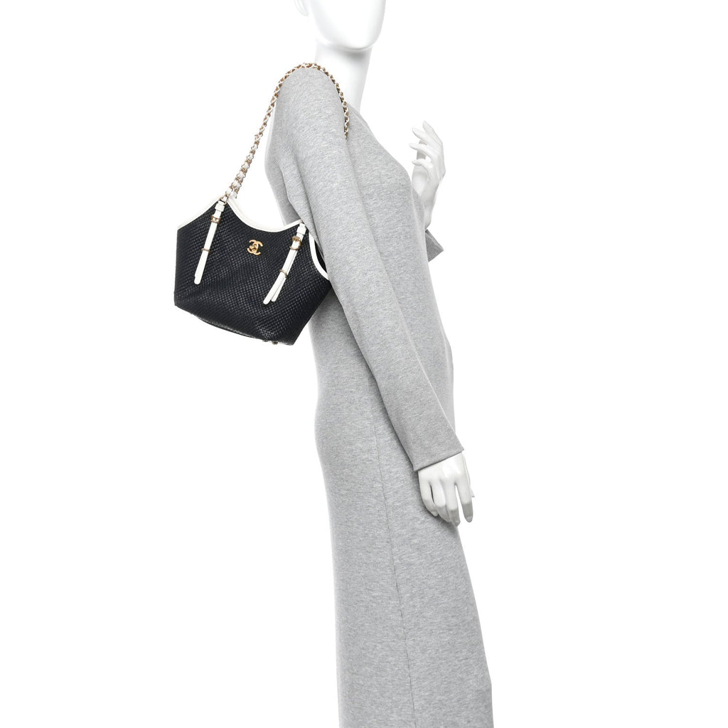 Braided Raffia Calfskin Stitched Small Shopping Tote Black White