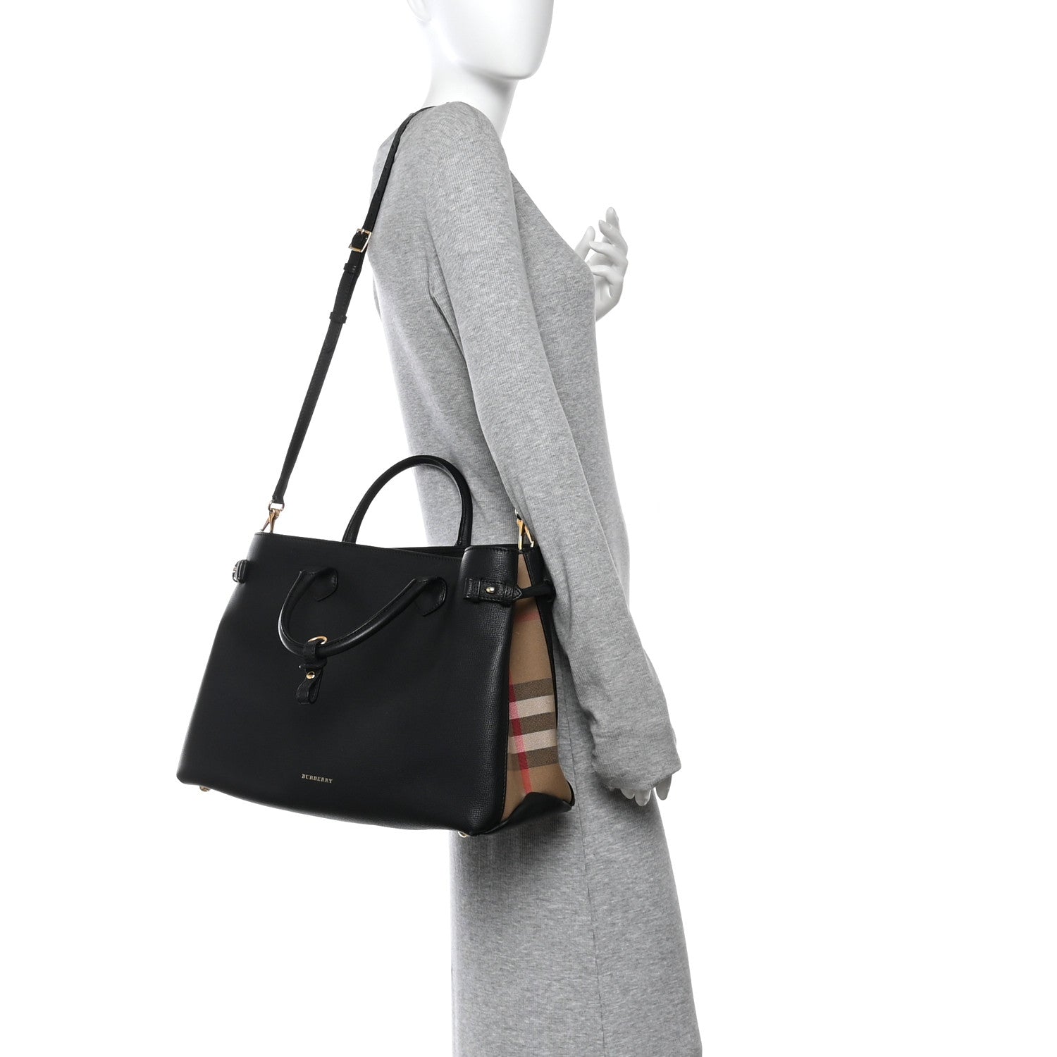 Grainy Calfskin House Check Large Banner Tote Black