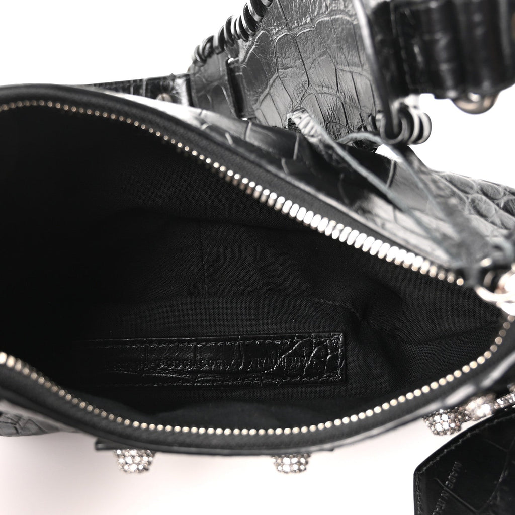 Extra Supple Calfskin Crystal Crocodile Embossed Le Cagole Shoulder Bag XS Black
