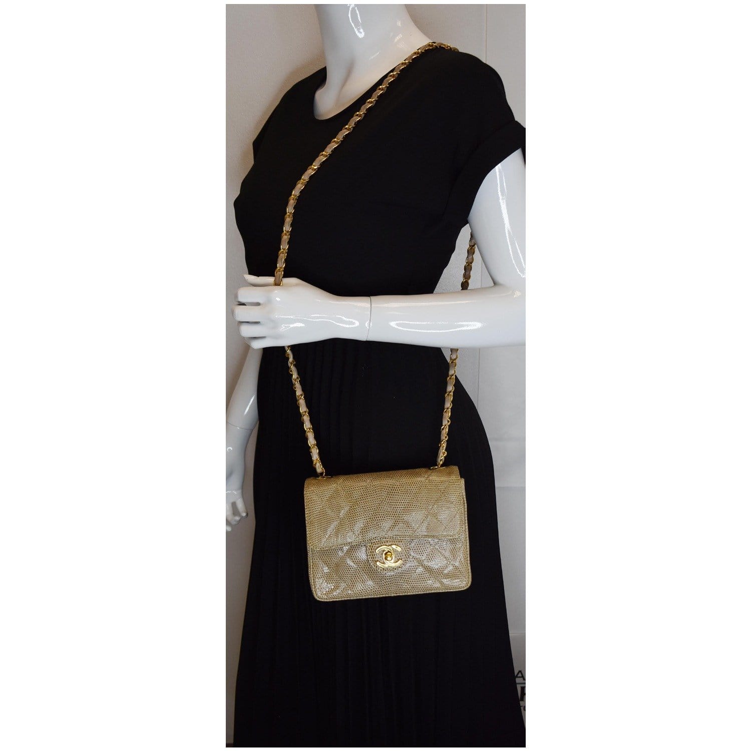 CHANEL Vintage Mini Square Flap Lizard Shoulder Bag Beige/Gold
