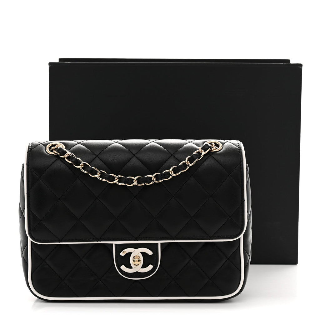 Lambskin Quilted Resin Graphic Frame Flap Bag Black White