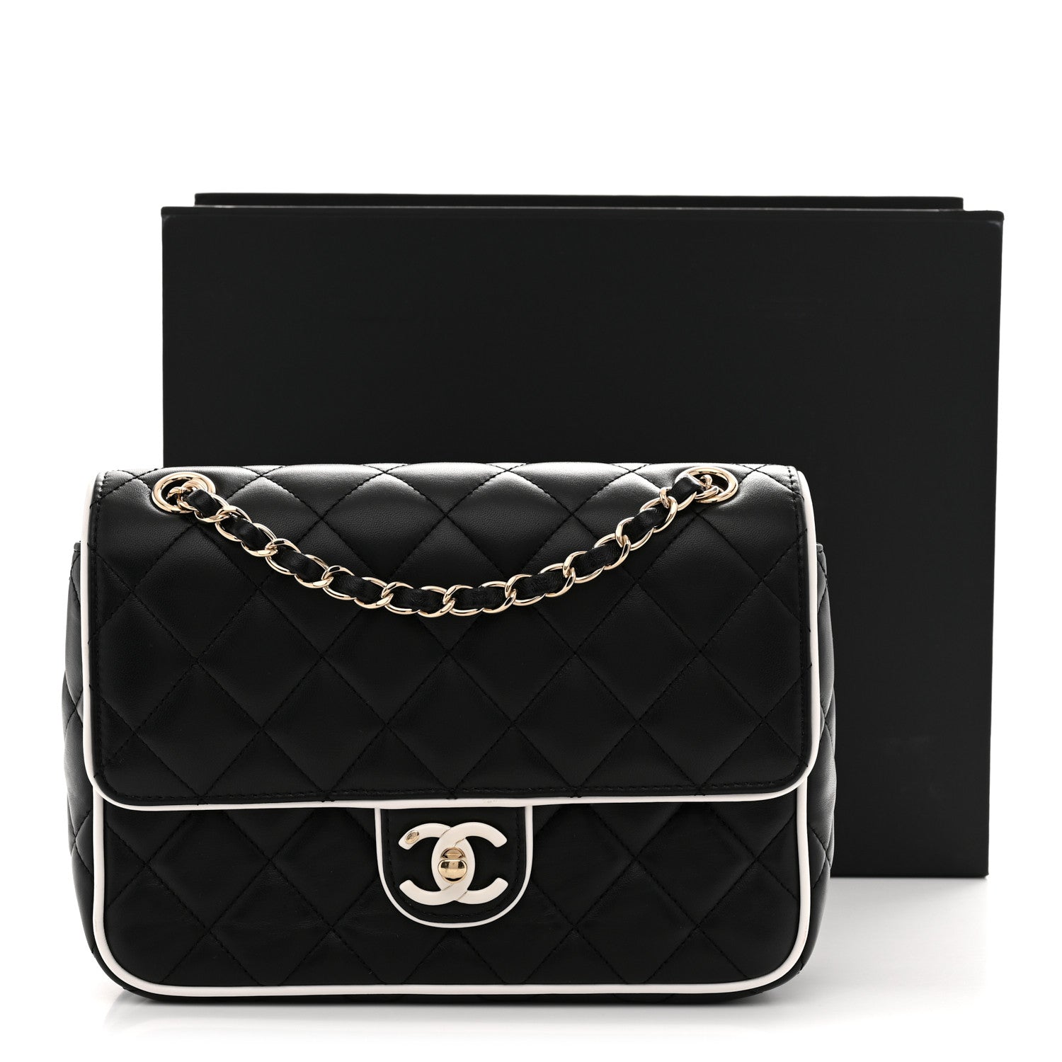 Lambskin Quilted Resin Graphic Frame Flap Bag Black White