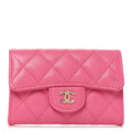 Caviar Quilted Flap Card Holder Wallet Pink
