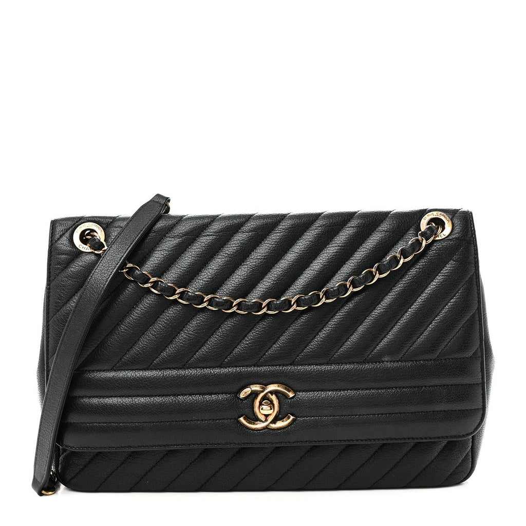 Shiny Goatskin Diagonal Quilted Large Flap Black