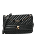 Shiny Goatskin Diagonal Quilted Large Flap Black