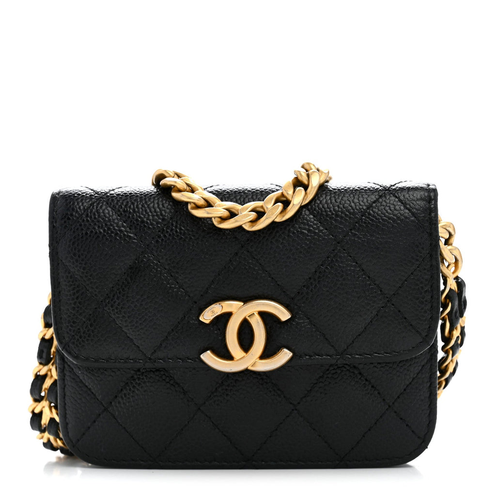 Shiny Caviar Quilted Chain Melody Card Holder On Chain Black