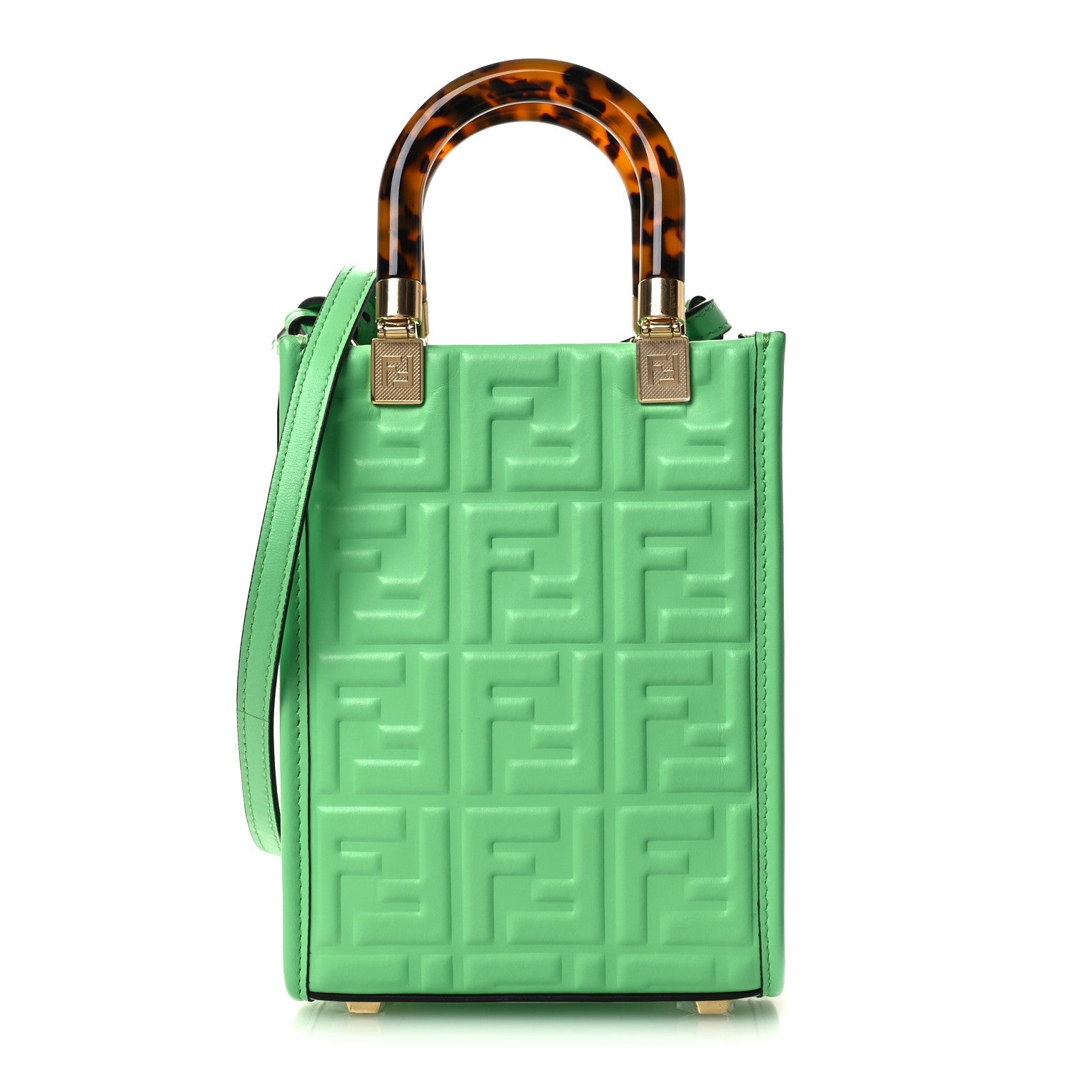Vitello Plexiglass FF Embossed Mini Fendi Sunshine Shopper Tote Edamame