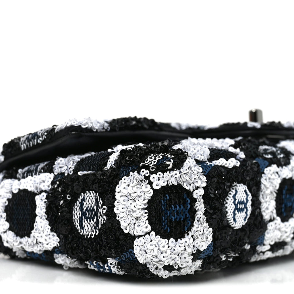 Satin Sequin Embellished Flower East West Flap Black White Blue