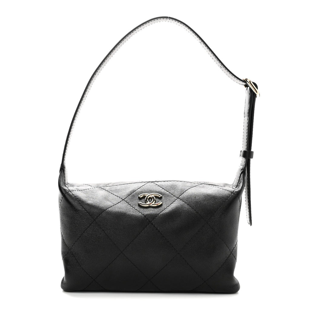 Shiny Lambskin Quilted Large Hobo Bag Black