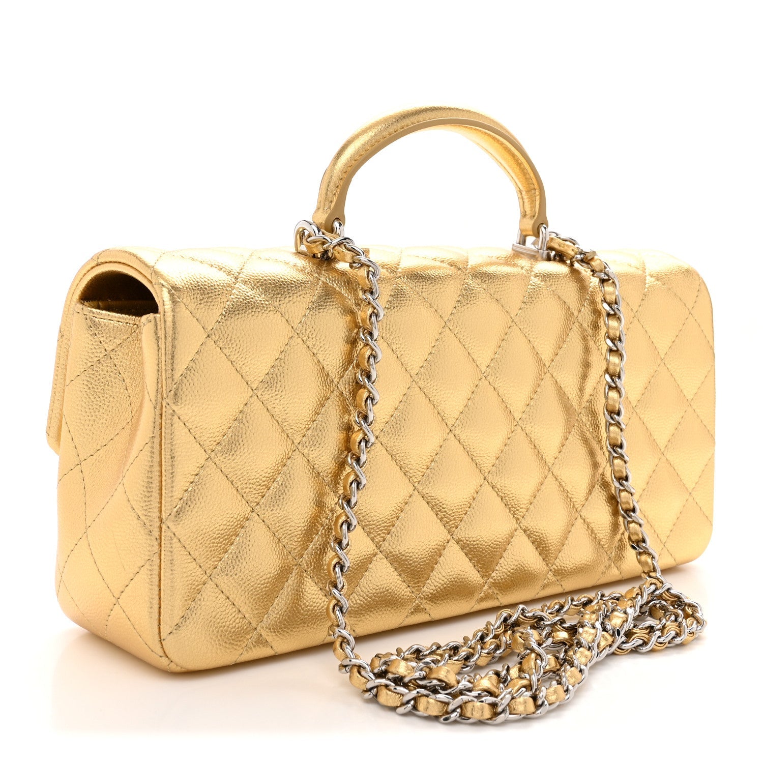 Metallic Caviar Quilted Top Handle East West Flap Gold