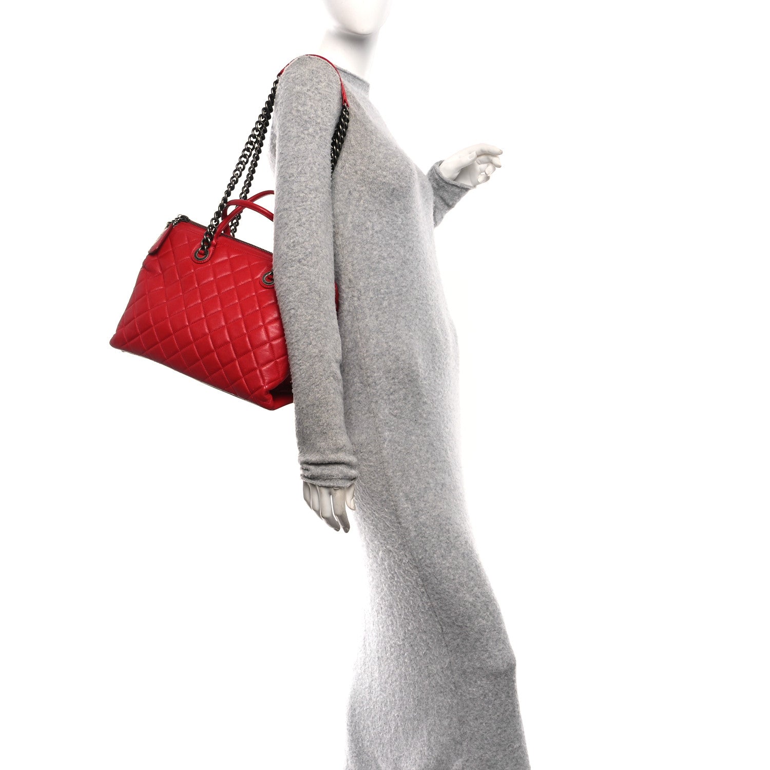 Shiny Sheepskin Quilted Medium Shopping Tote Red