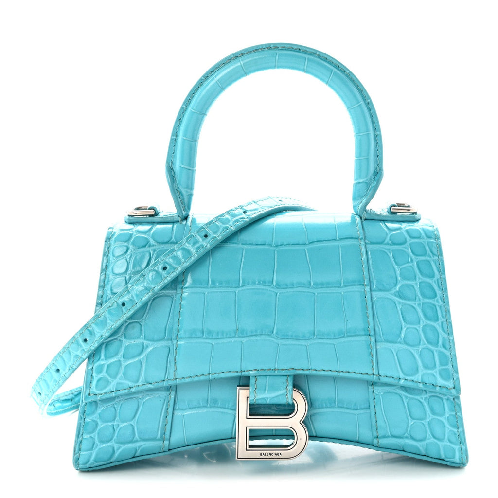 Shiny Calfskin Crocodile Embossed Hourglass Top Handle Bag XS Azur