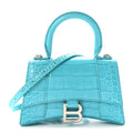 Shiny Calfskin Crocodile Embossed Hourglass Top Handle Bag XS Azur