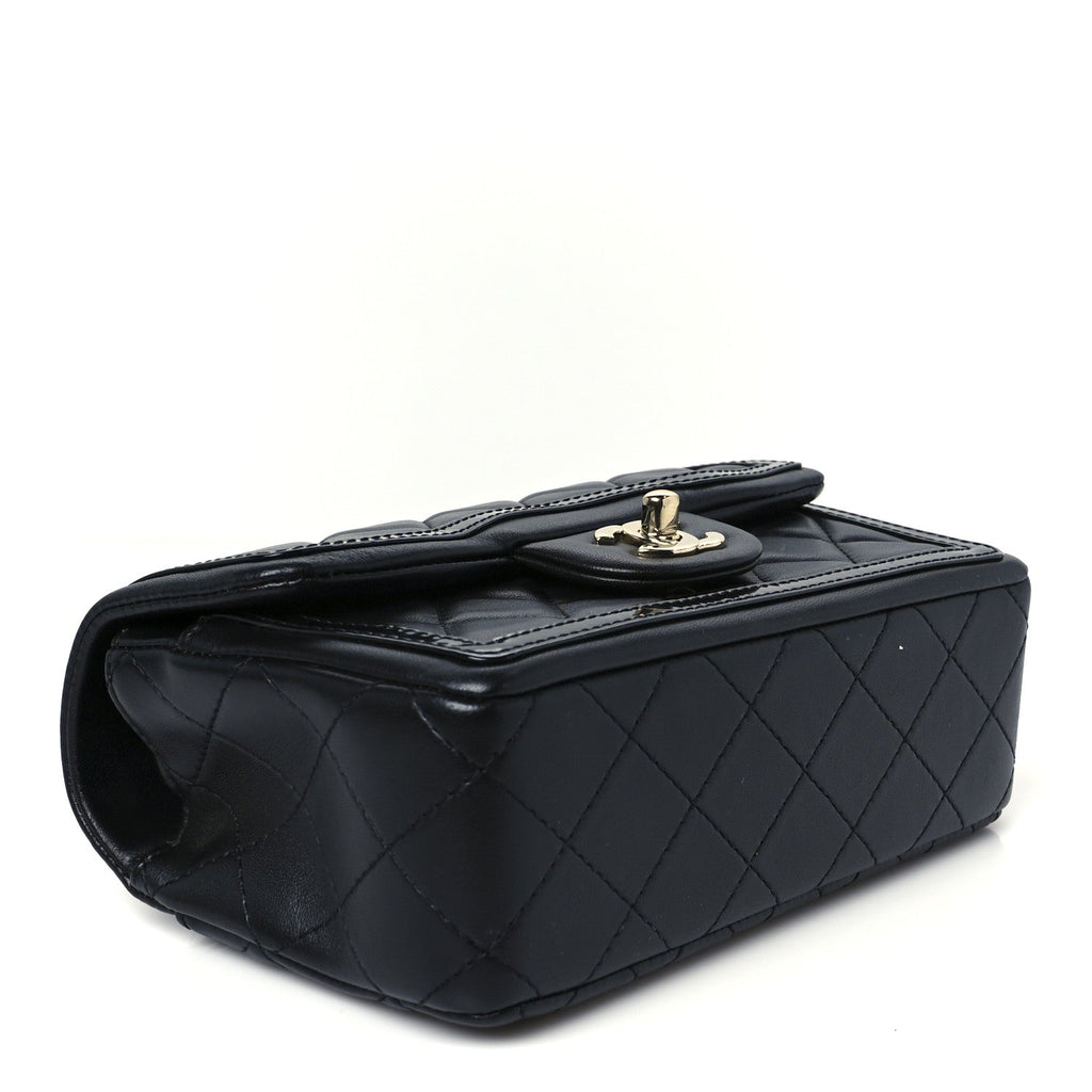 Shiny Lambskin Quilted Half Mini Flap Black